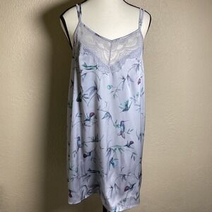 Lavender‎ Hummingbird Print Satin Lace Trim Chemise Slip Dress Double Strap Mini